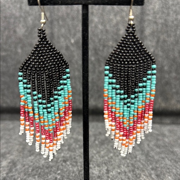 Black and Blue Beaded Chevron Earrings - Picture 3 of 4